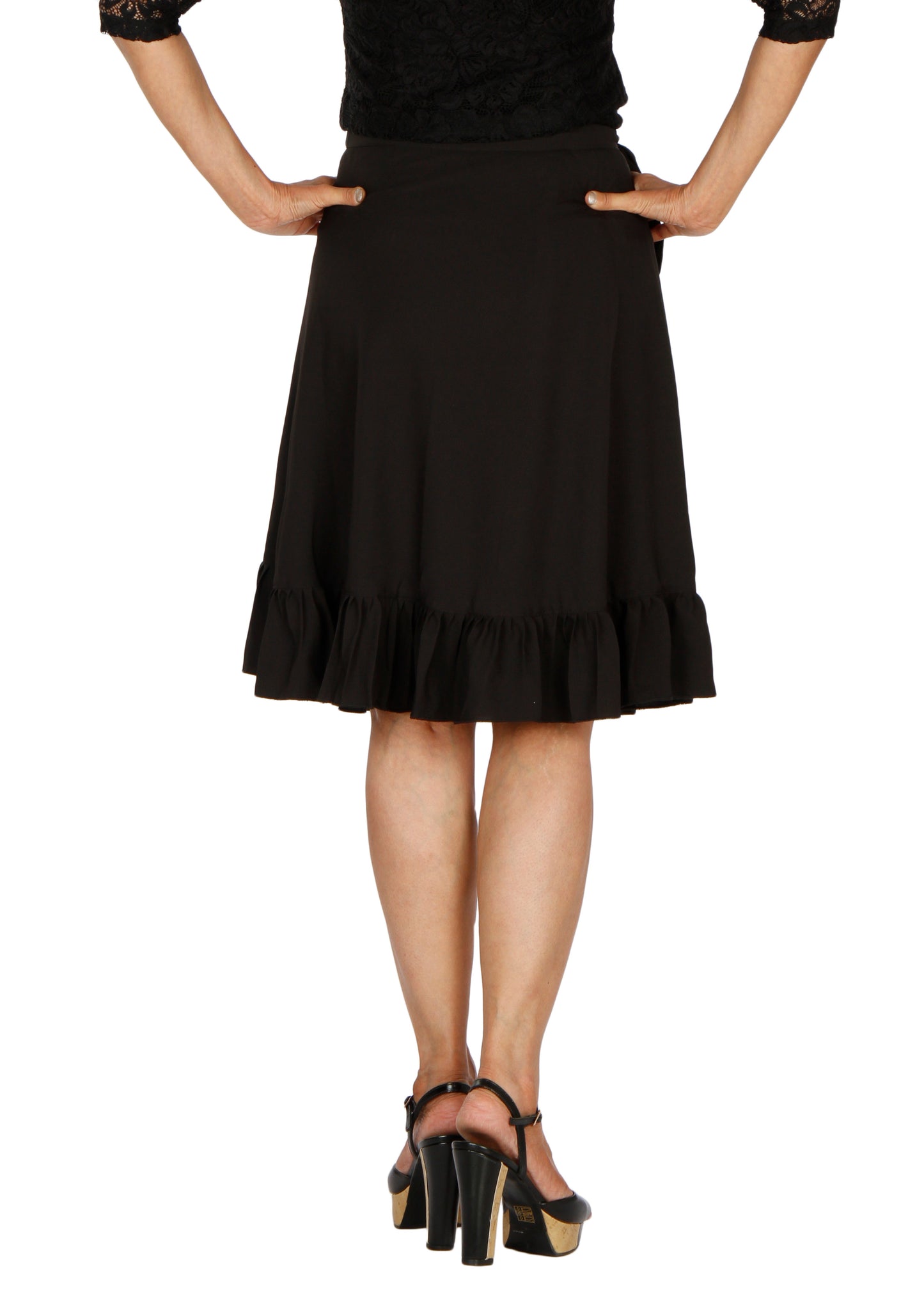Black Ruffle Solid Wrap Skirt Free Size WA000195
