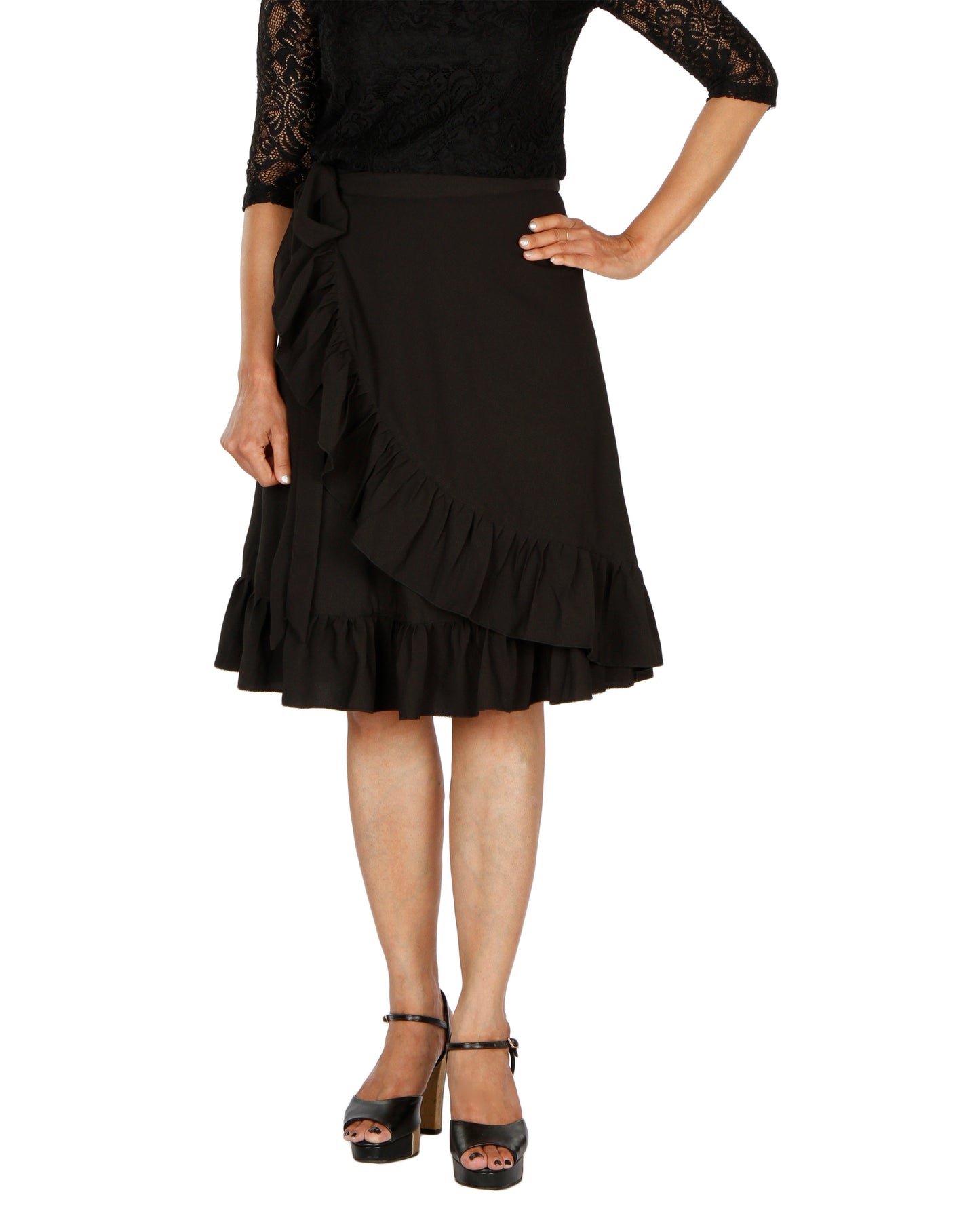 Black ruffled free size wrap skirt worn by a person on a white background WA000195