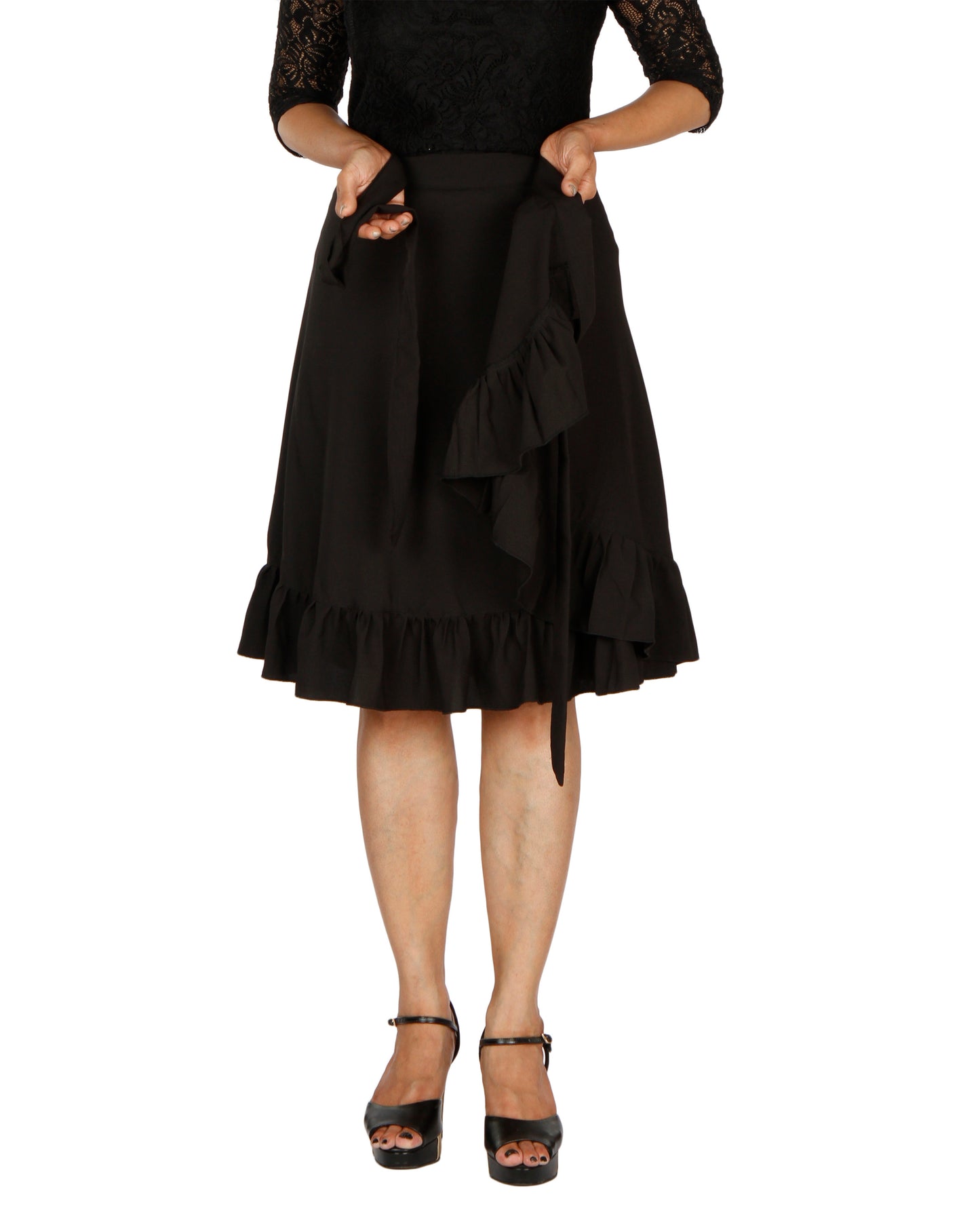 Black Ruffle Solid Wrap Skirt Free Size WA000195