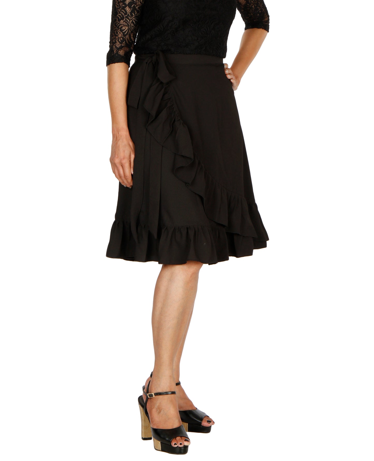 Black Ruffle Solid Wrap Skirt Free Size WA000195