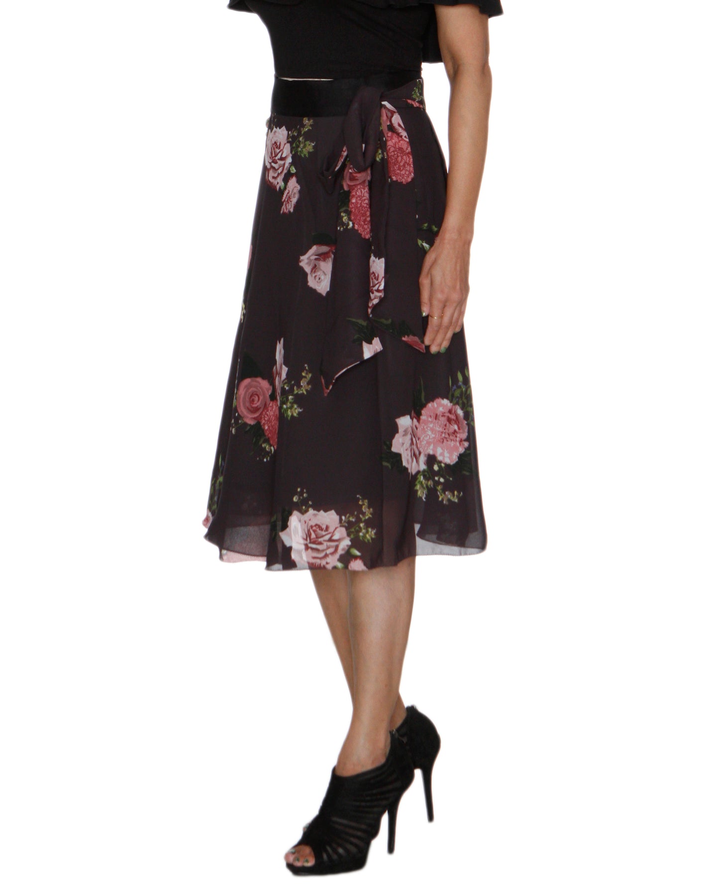 Side View - Rose Print Synthetic Grey Wrap Skirt Free Size WA000210