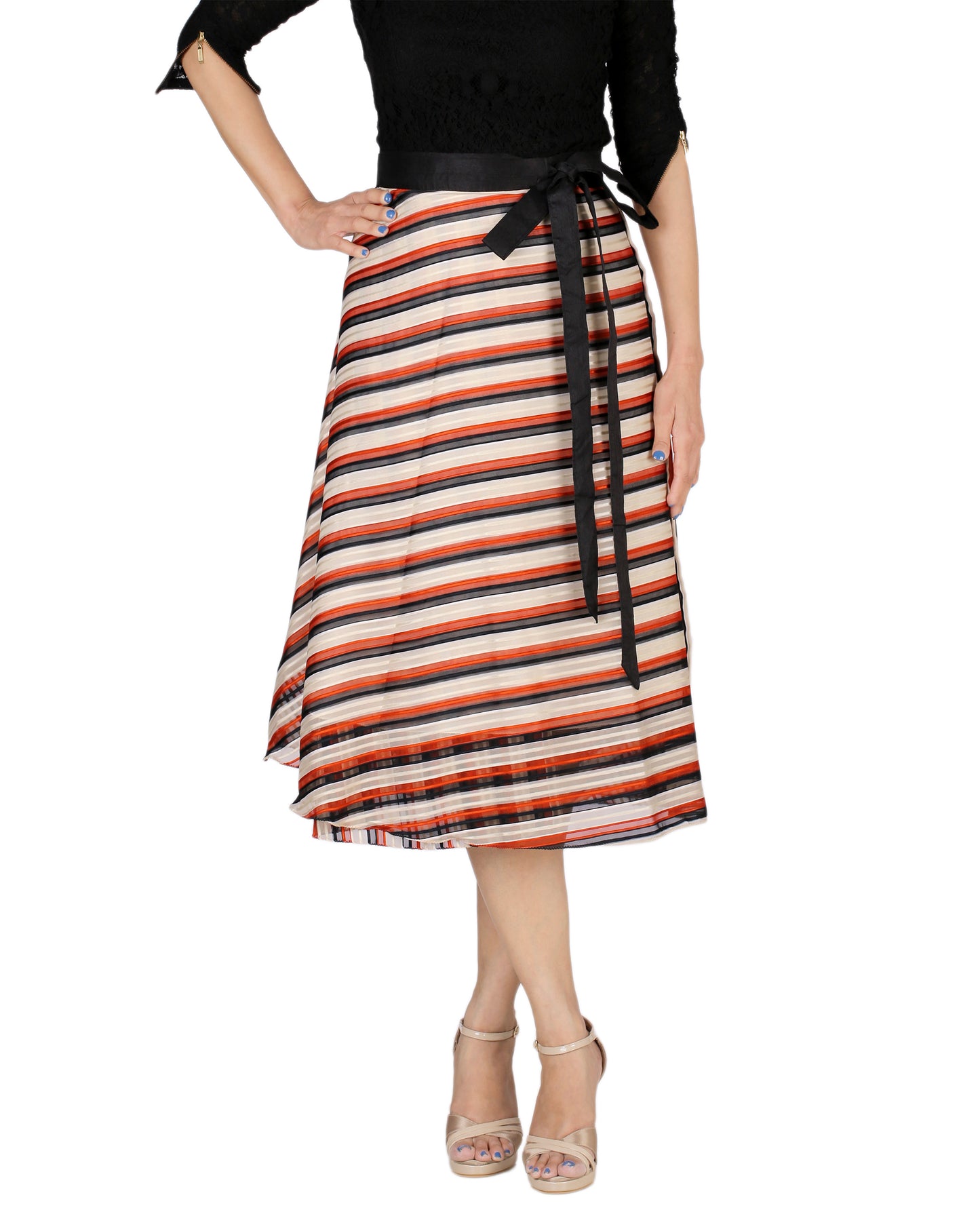 Woman wearing a multicolor striped free size wrap skirt on a white background WA000171