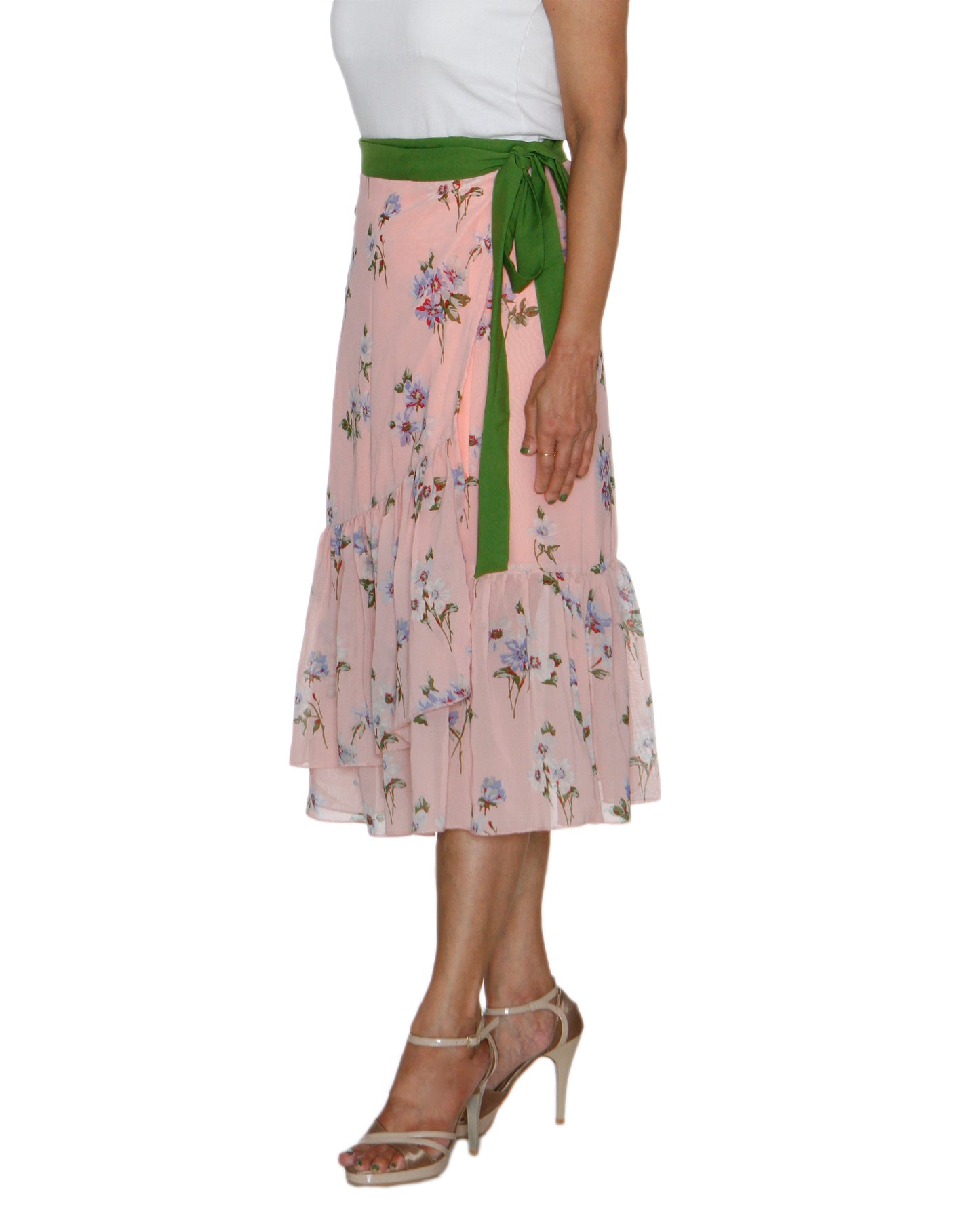 Peach Floral Print Ruffled Wrap Skirt Free Size WA000211