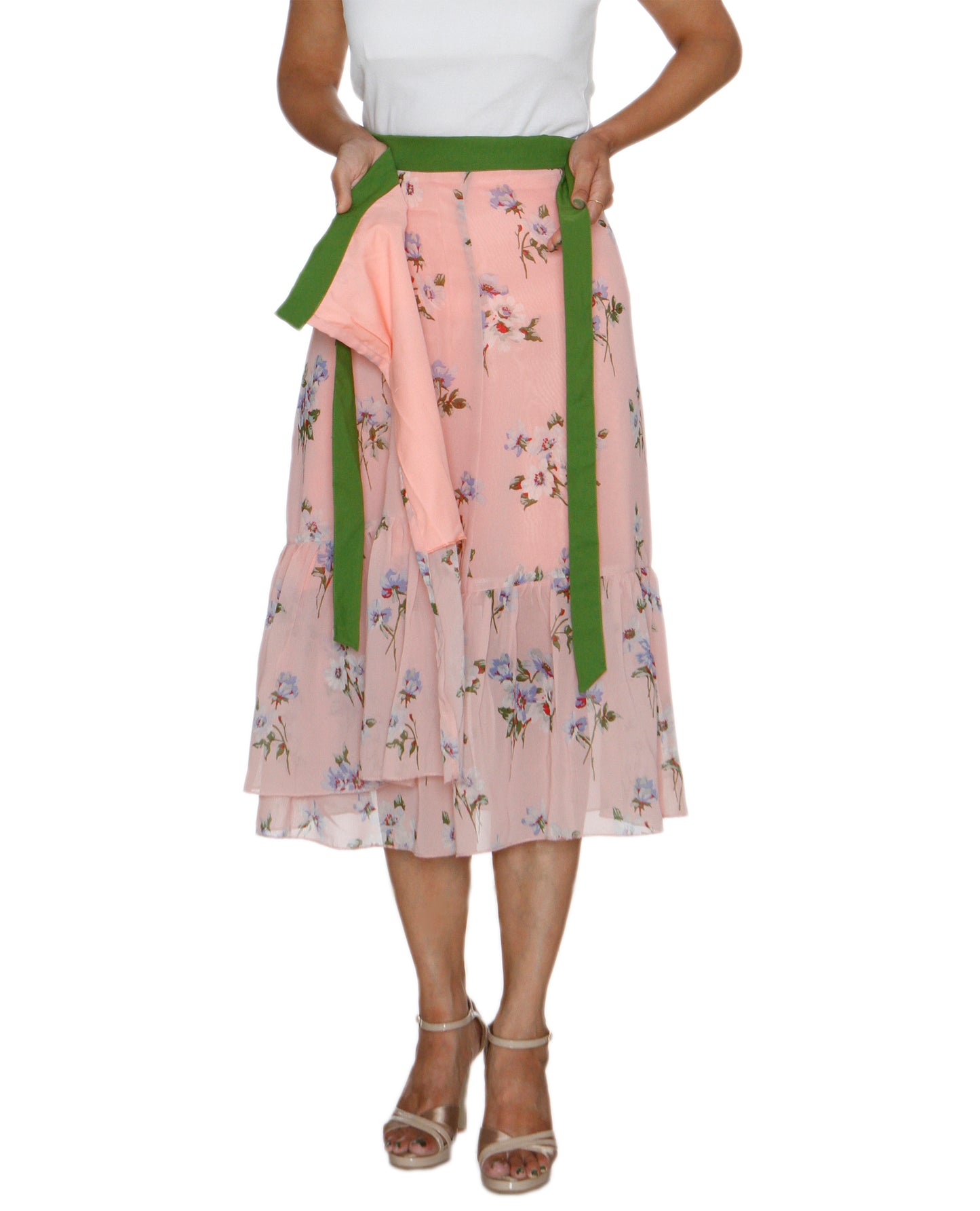 Peach Floral Print Ruffled Wrap Skirt Free Size WA000211