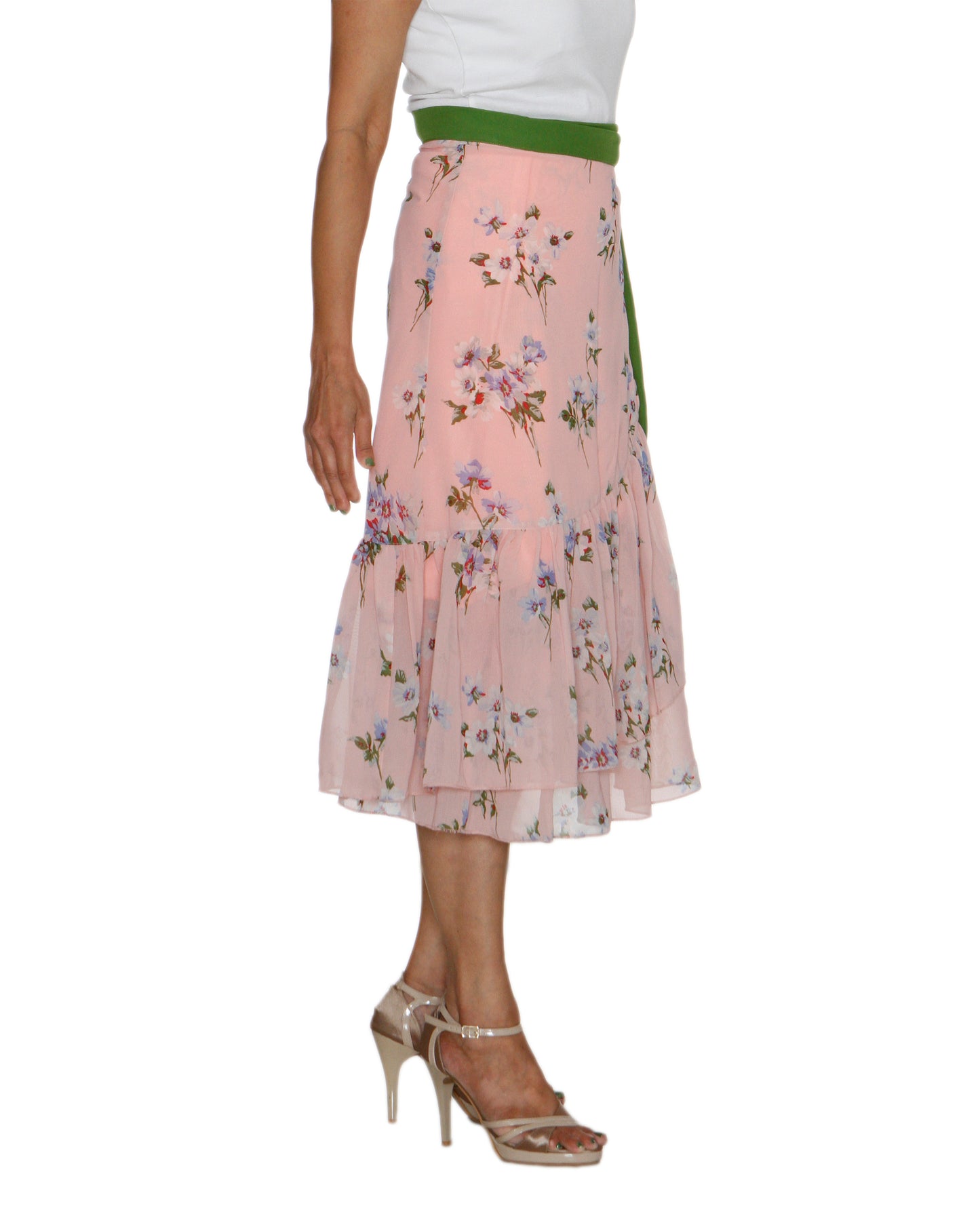 Peach Floral Print Ruffled Wrap Skirt Free Size WA000211