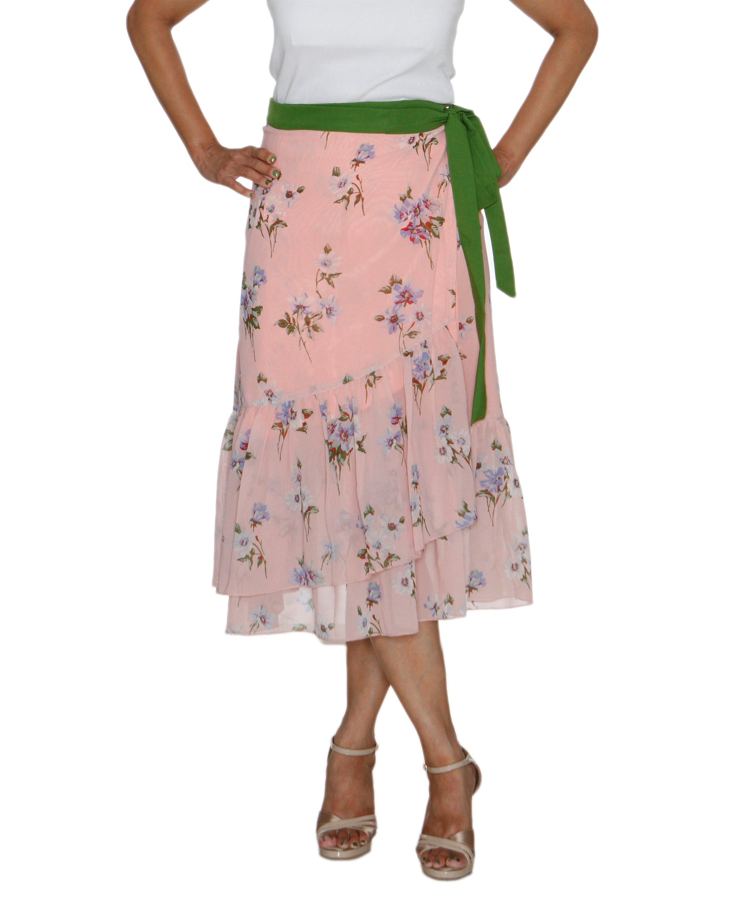 Front View - Peach Floral Print Ruffled Wrap Skirt Free Size WA000211