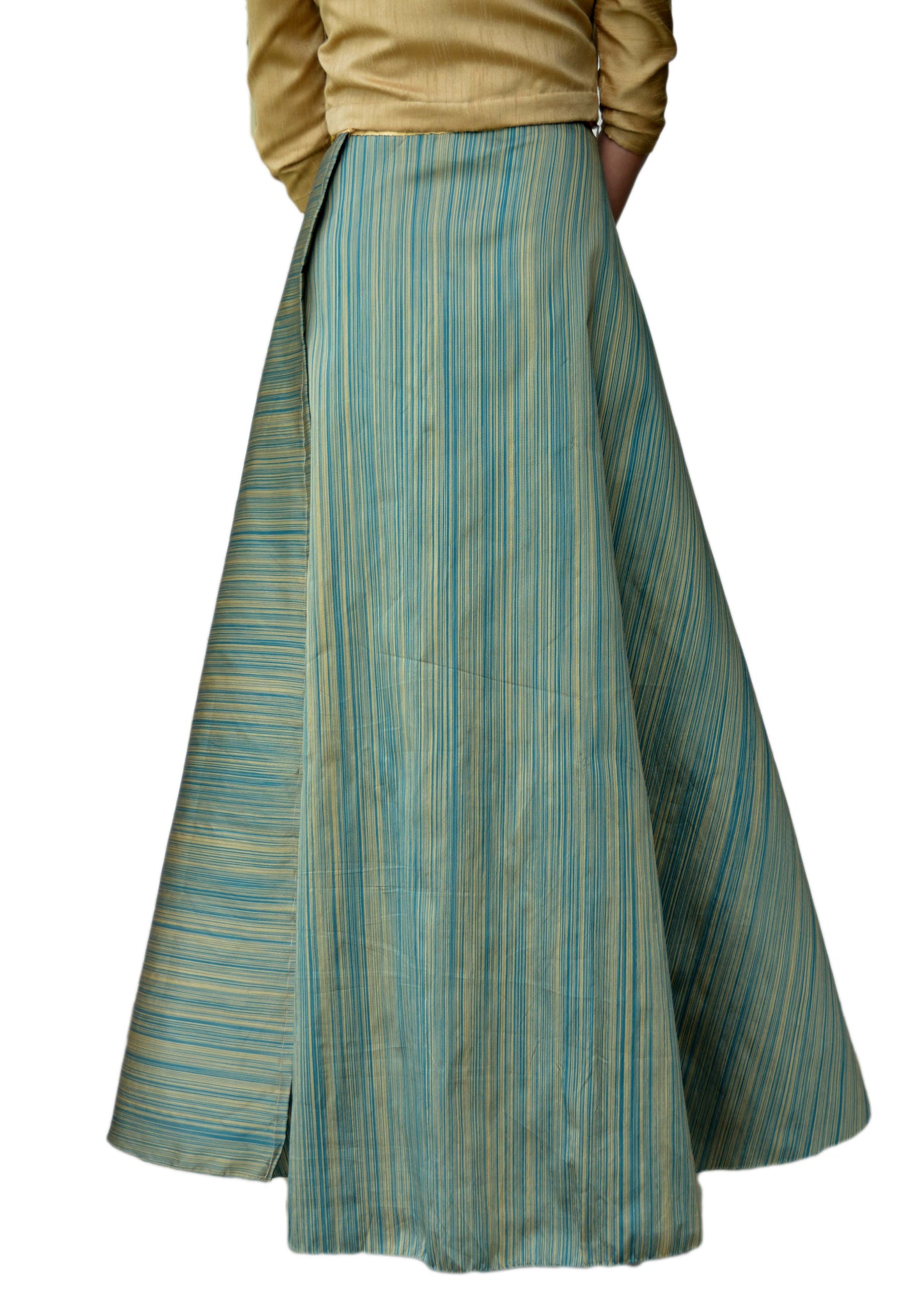 Green Taffeta Silk Striped Wrap Skirt Free Size WA000116