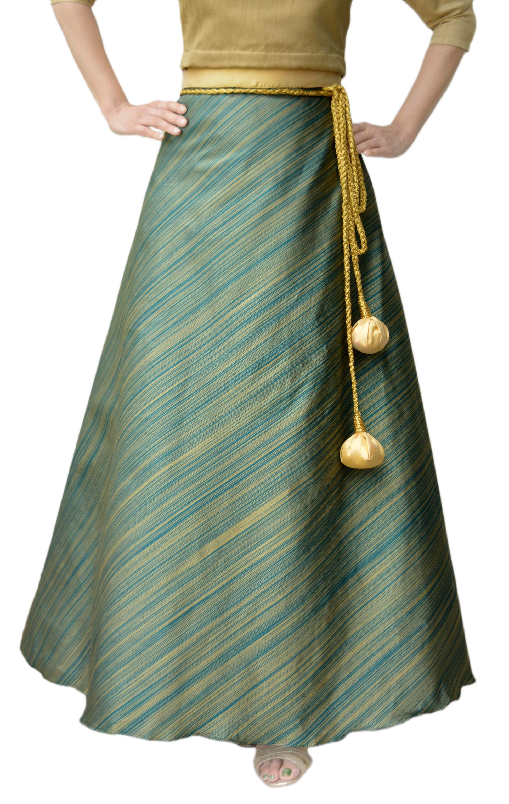Long green and gold striped taffeta silk free size wrap skirt with golden dori belt and golden potli on a white background WA000116