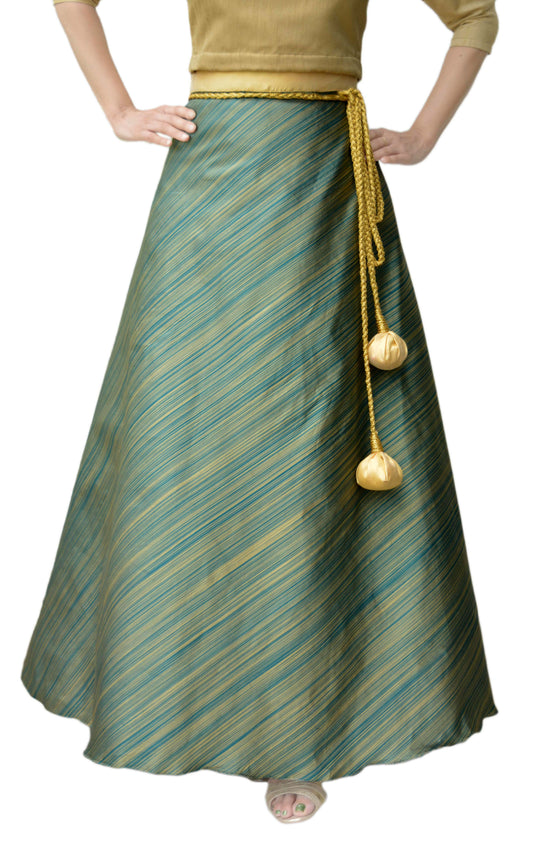 Long green and gold striped taffeta silk free size wrap skirt with golden dori belt and golden potli on a white background WA000116