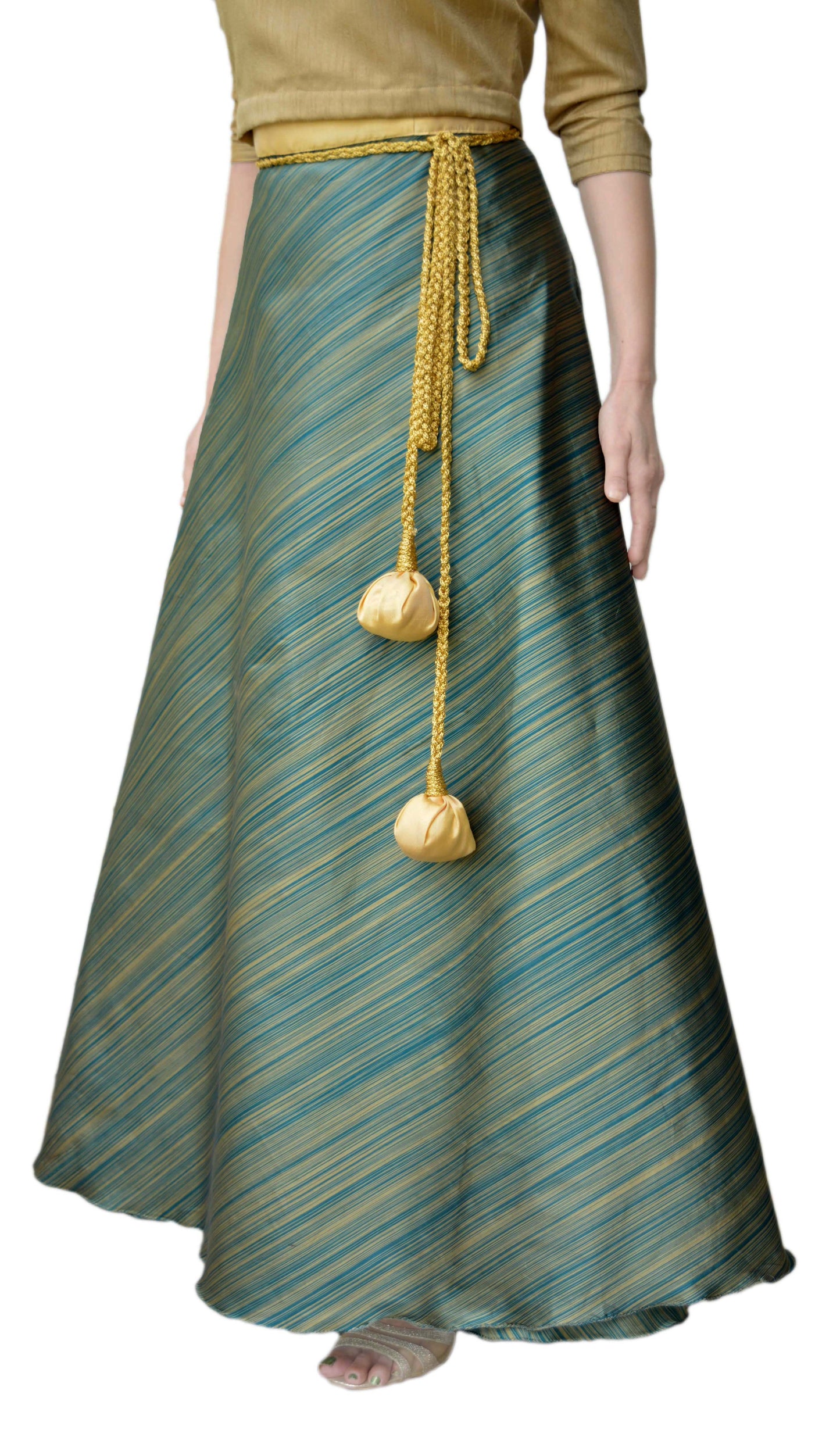 Green Taffeta Silk Striped Wrap Skirt Free Size WA000116