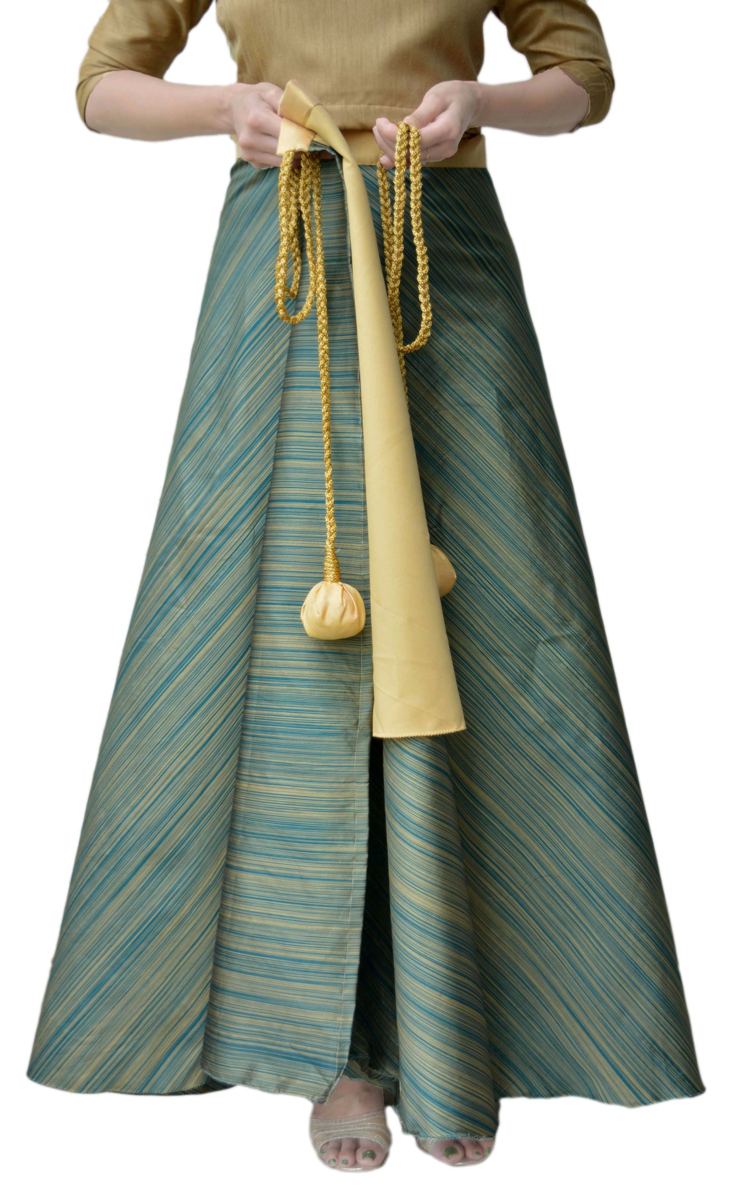 Green Taffeta Silk Striped Wrap Skirt Free Size WA000116