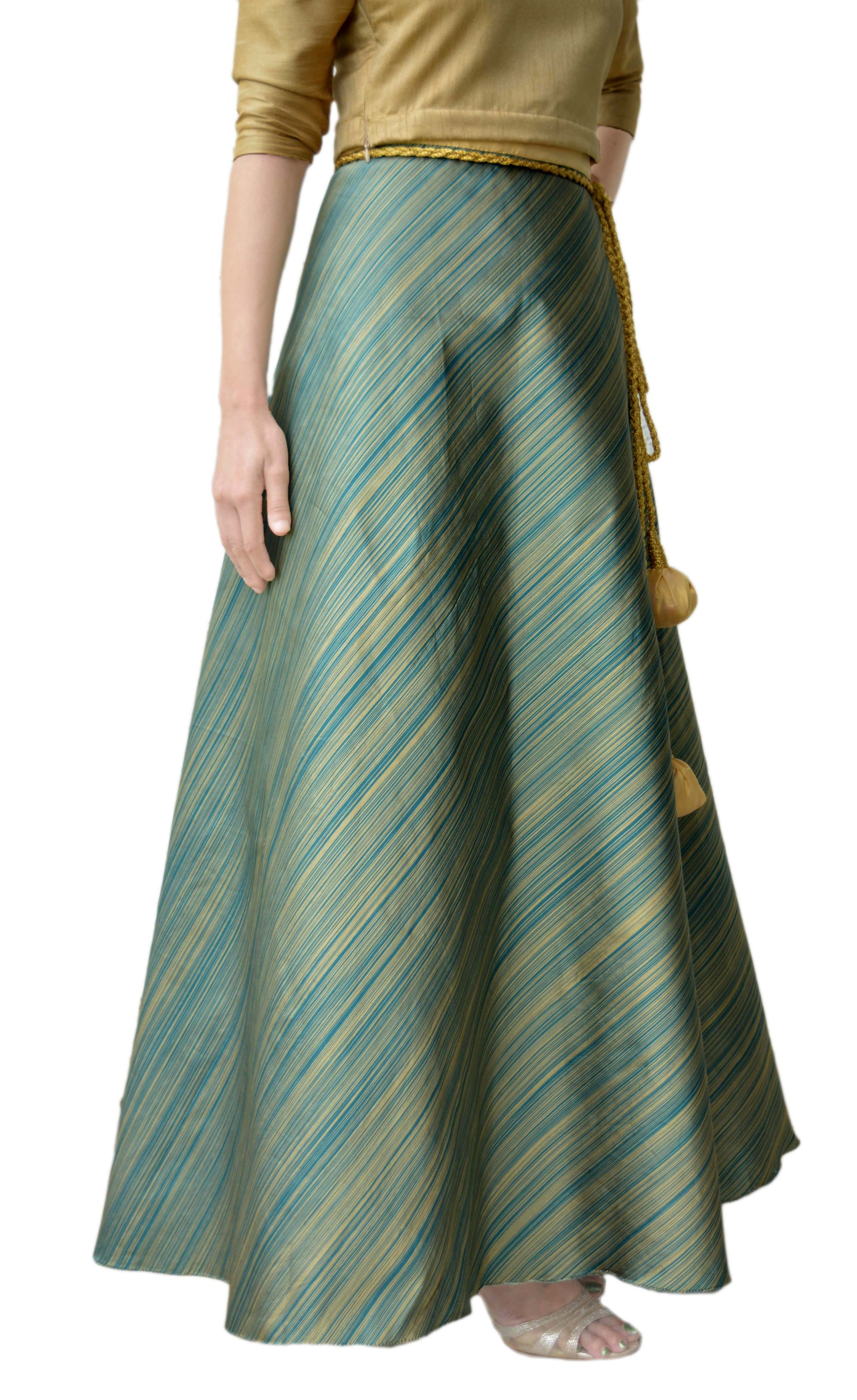 Green Taffeta Silk Striped Wrap Skirt Free Size WA000116