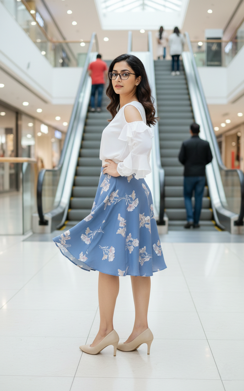 Blue Floral Crepe Wrap Skirt Free Size WA000092