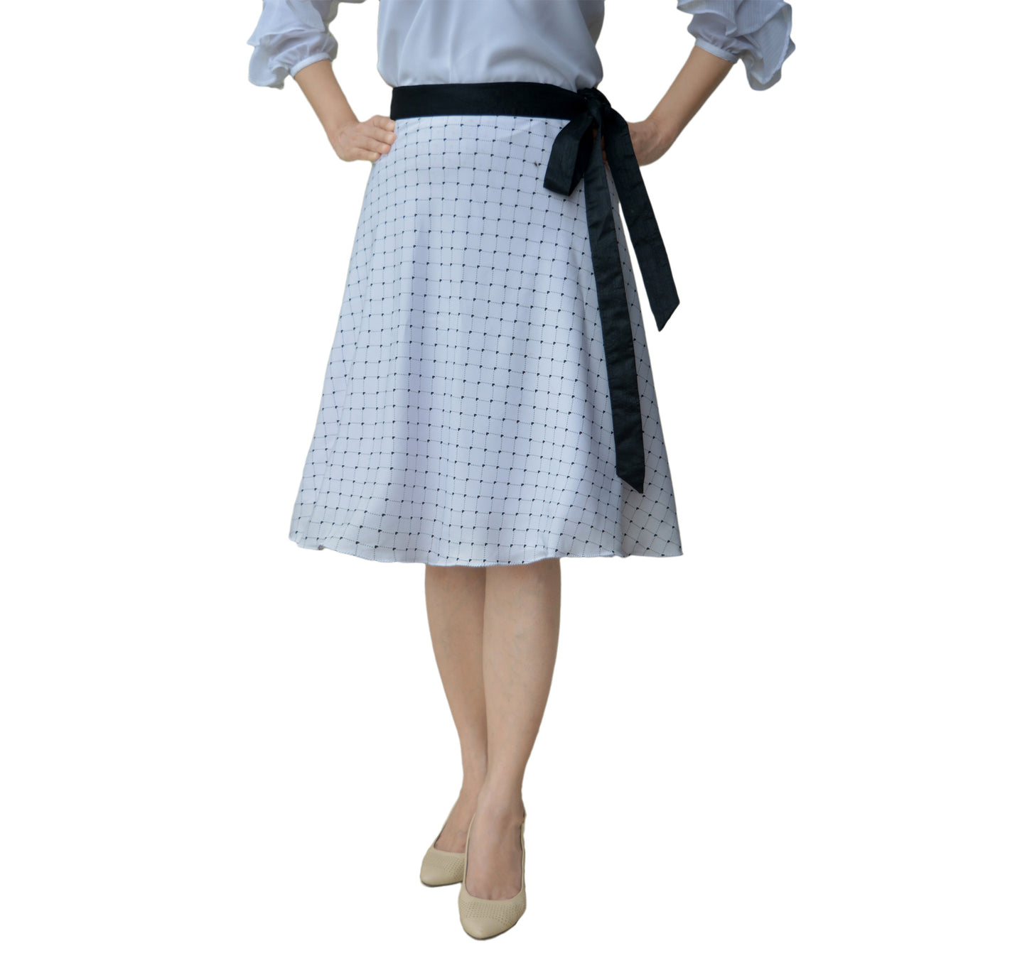 Woman wearing a white checkered free size wrap skirt with a black silk belt on a white background WA00103