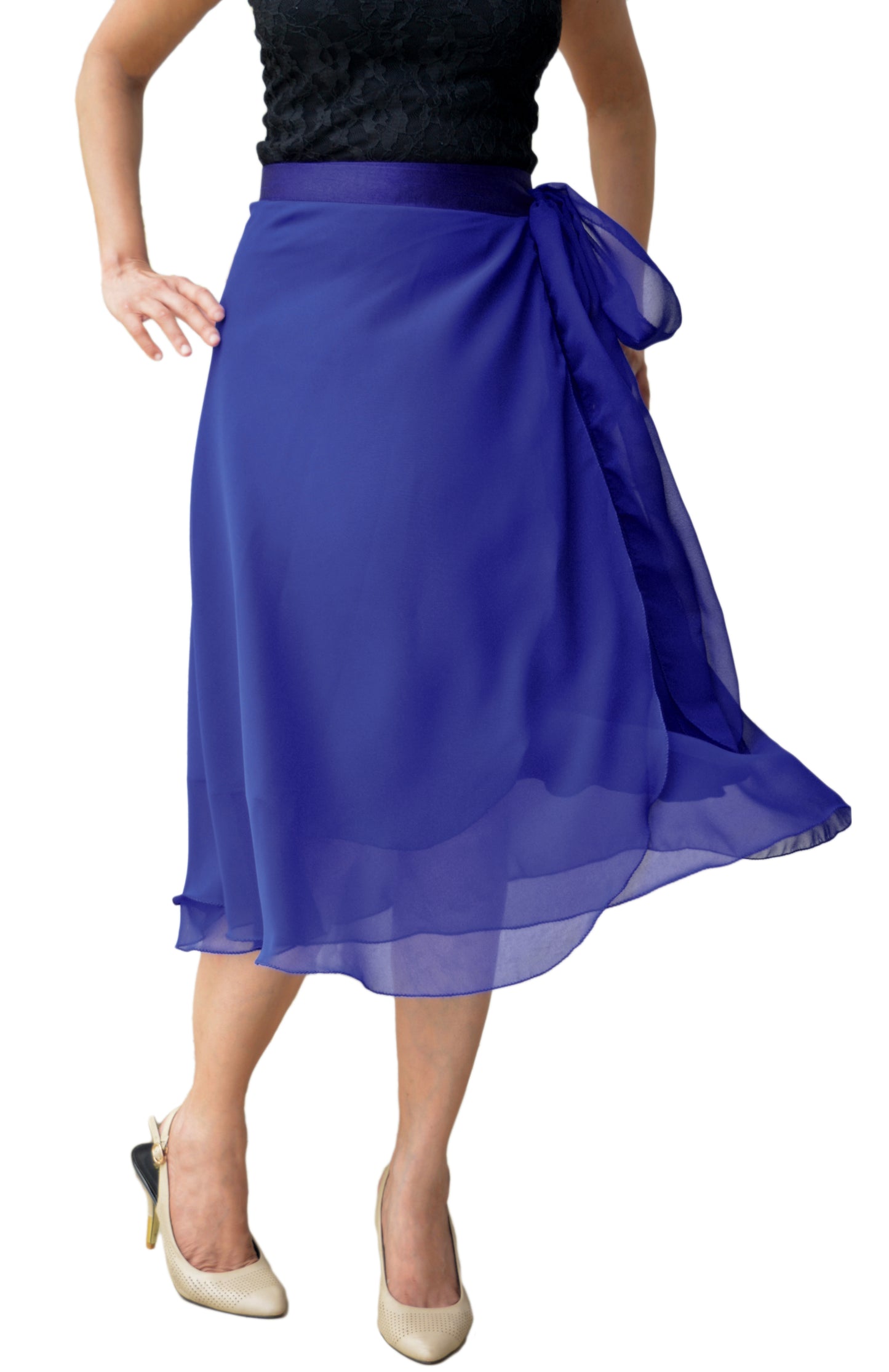 Person wearing a blue solid georgette free size wrap skirt with a black top on a white background WA000105