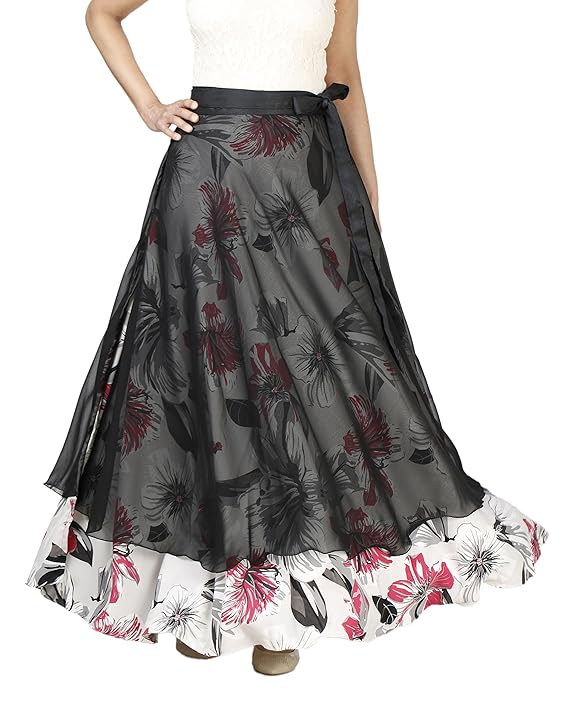 Solid black georgette free size wrap skirt with floral crepe lining with a white top on a white background WA000133