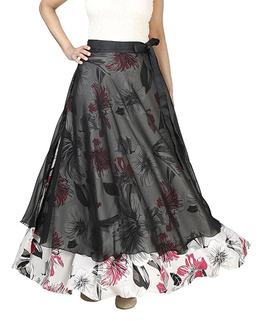 Solid black georgette free size wrap skirt with floral crepe lining with a white top on a white background WA000133