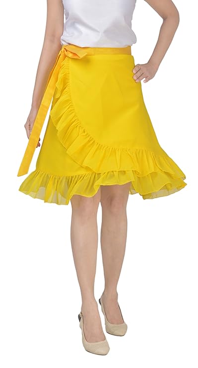 Yellow solid free size wrap skirt with ruffles worn by a person on a white background WA000137