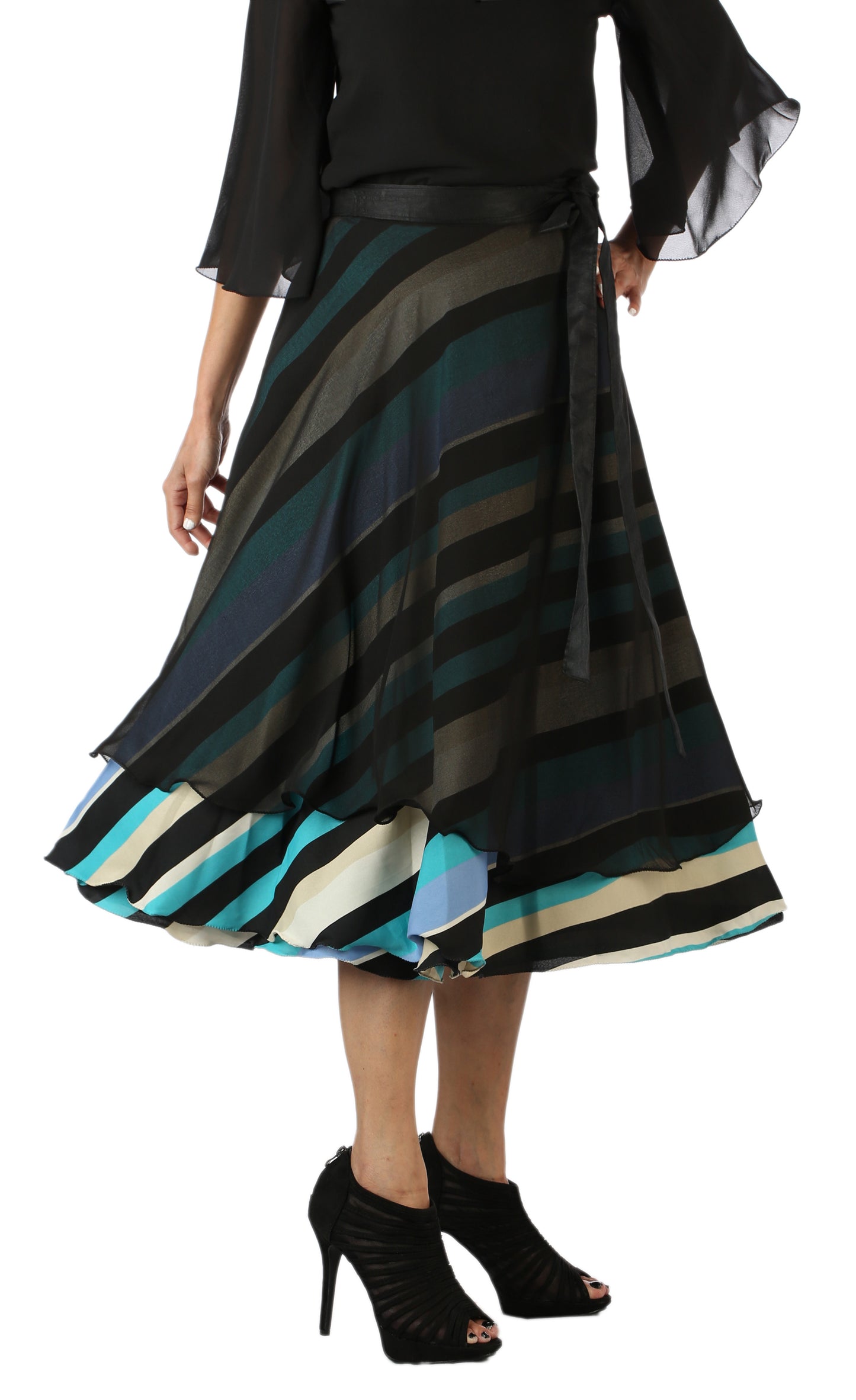 Person wearing a colorful striped free size wrap skirt with a black georgette layer WA000146