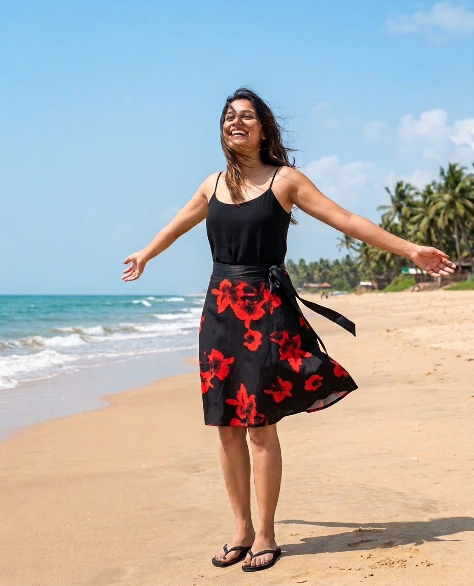 Floral Print Black Wrap Skirt Free Size WA000153