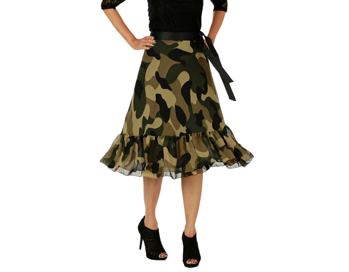 Camouflage free size wrap skirt with ruffle worn by a person on a white background WA000155
