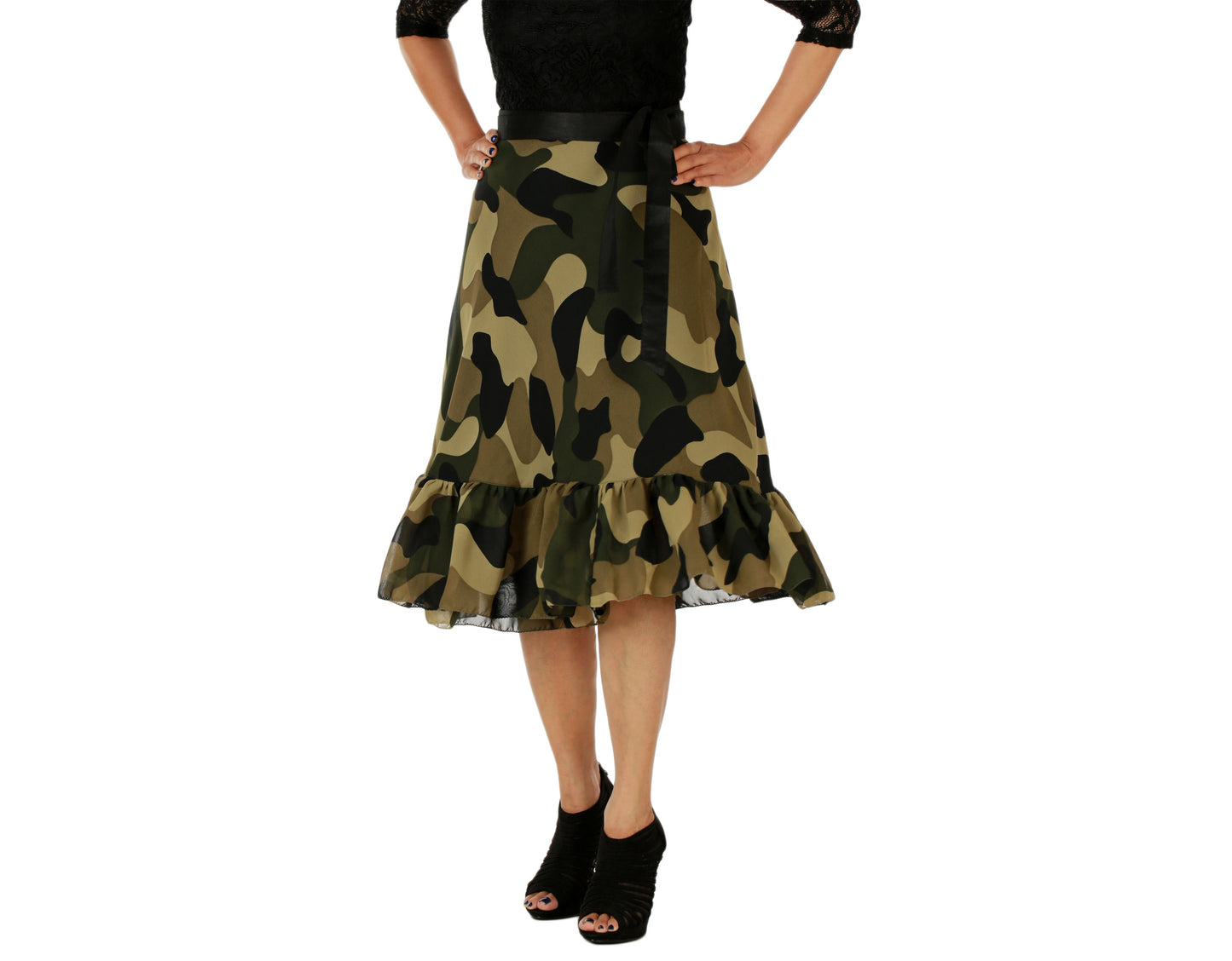 Military Print Ruffle Wrap Skirt Free Size WA000155