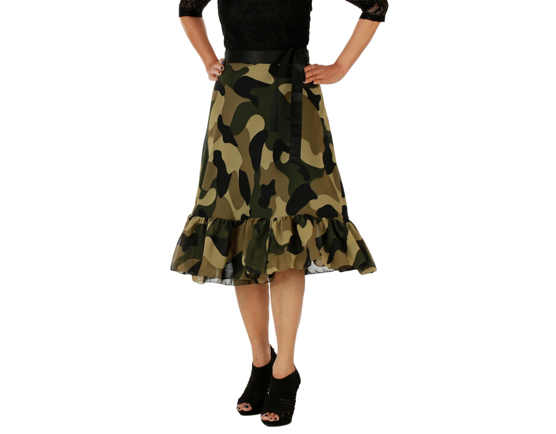Military Print Ruffle Wrap Skirt Free Size WA000155