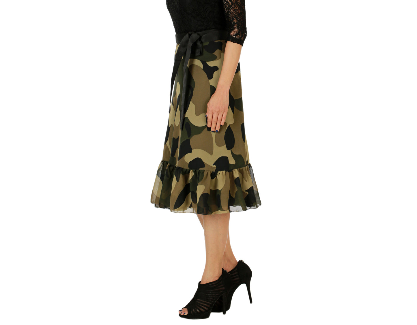 Military Print Ruffle Wrap Skirt Free Size WA000155