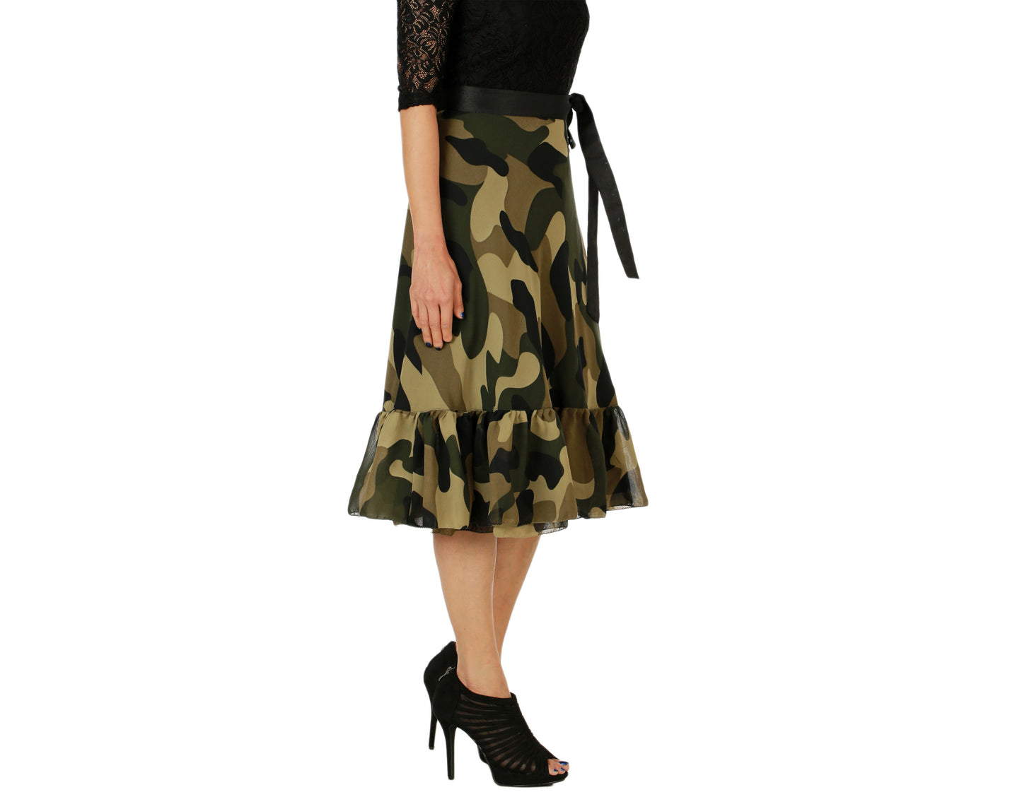 Military Print Ruffle Wrap Skirt Free Size WA000155