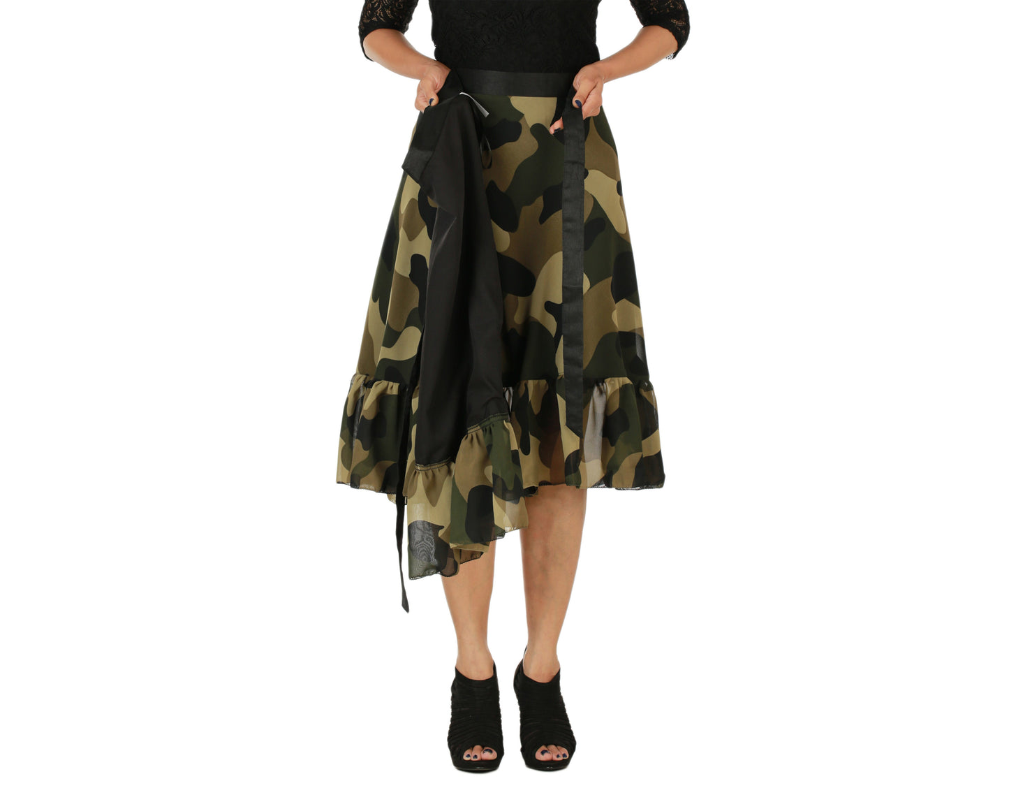 Military Print Ruffle Wrap Skirt Free Size WA000155