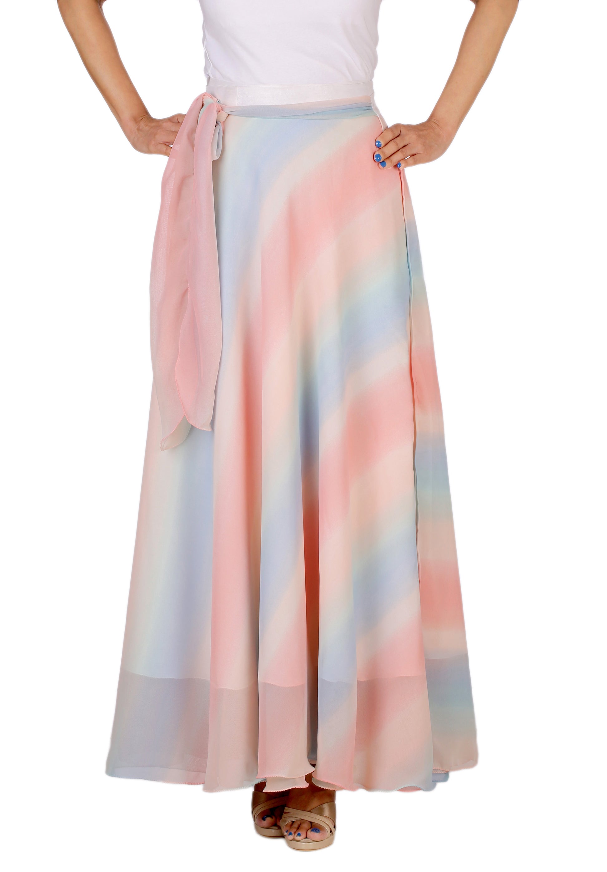 Long, multicolored pastel striped free size wrap skirt worn by a person on a white background WA000162