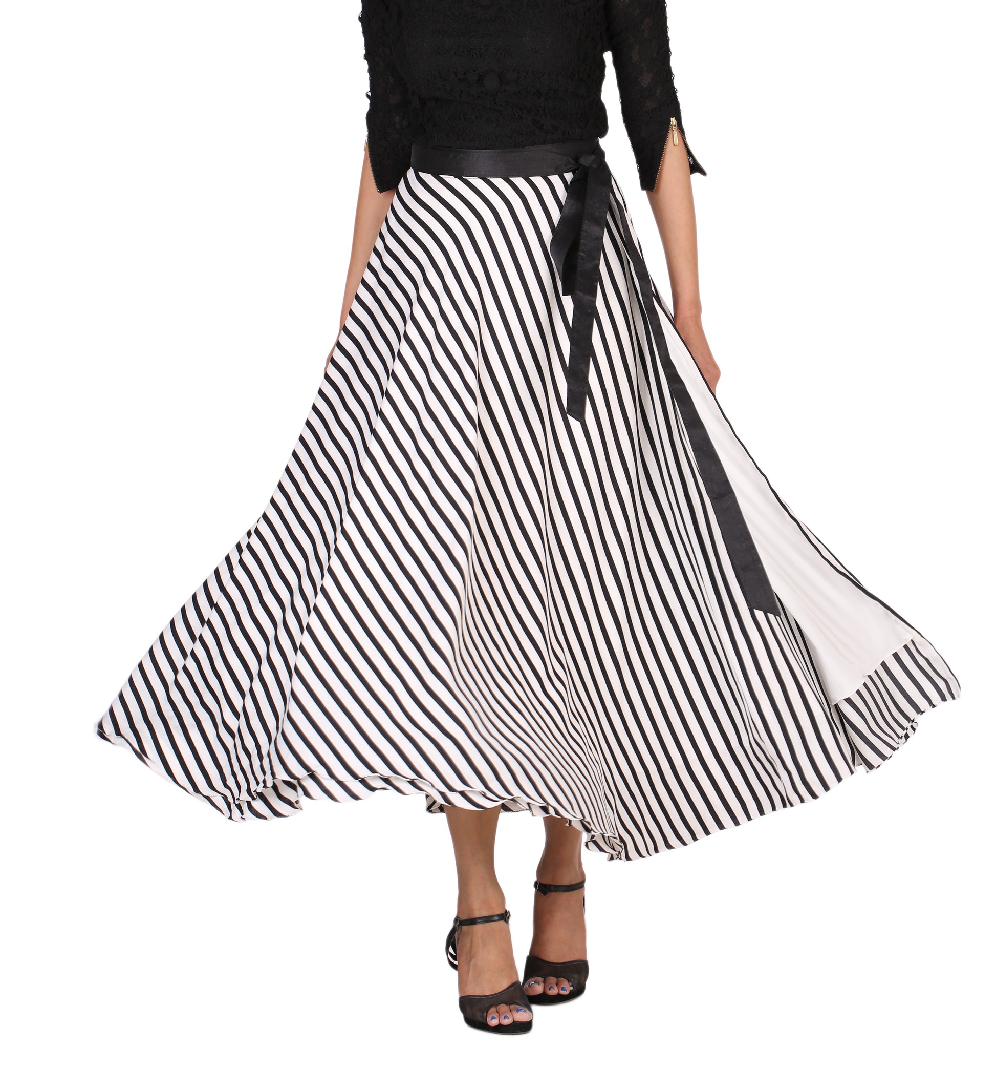 Black and off-white striped free size wrap skirt with a bow on a white background WA000166