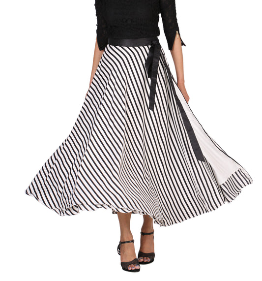 Black and off-white striped free size wrap skirt with a bow on a white background WA000166