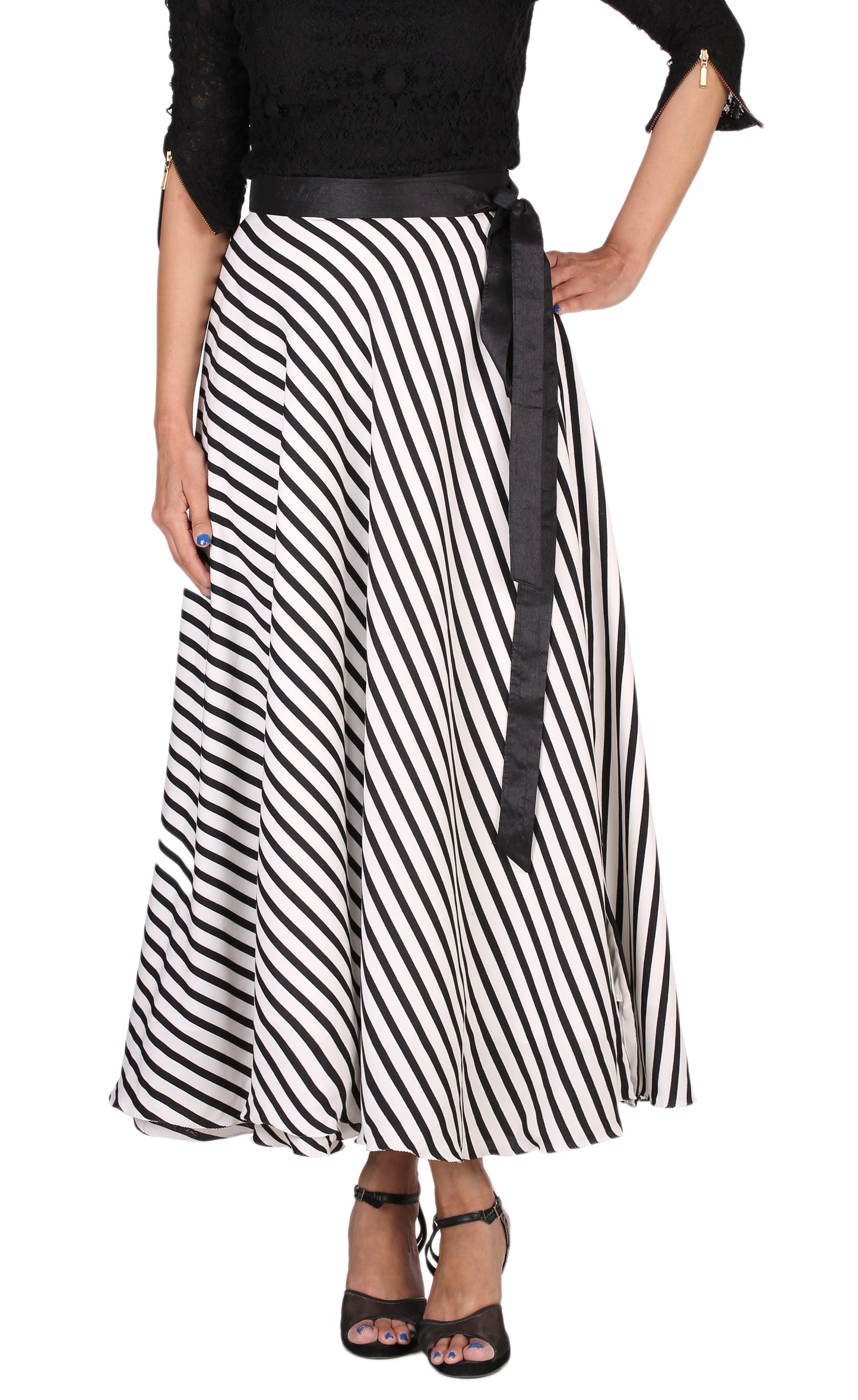 Black and Off-White Striped Wrap Skirt Free Size WA000166