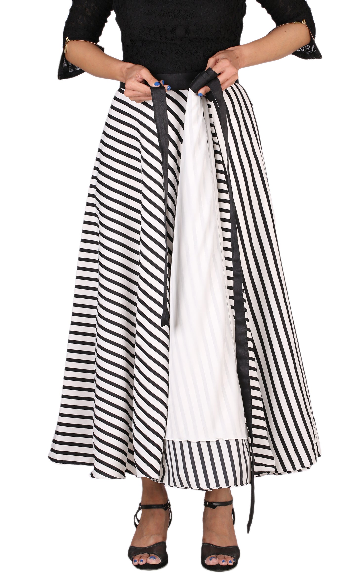 Black and Off-White Striped Wrap Skirt Free Size WA000166