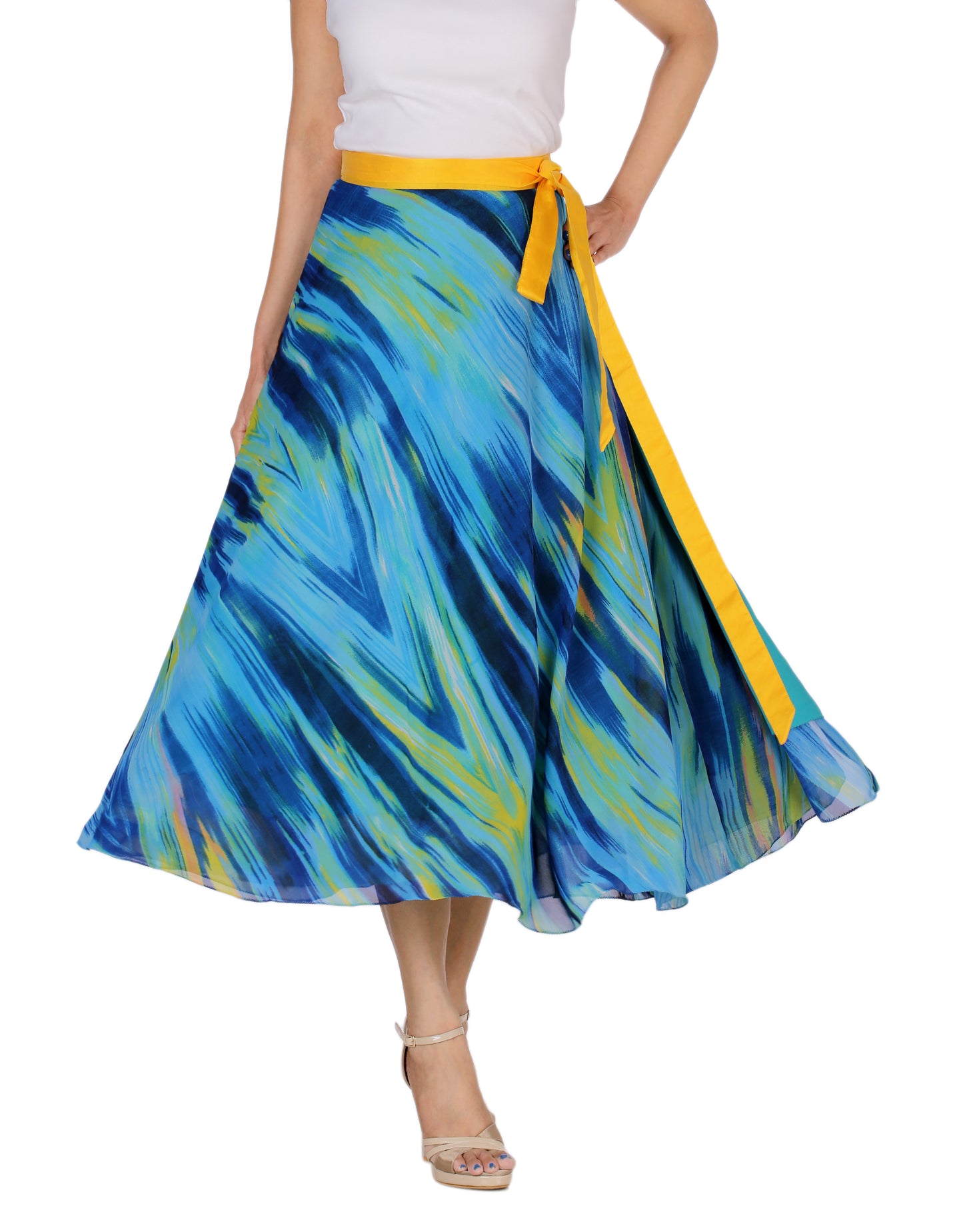 Woman wearing a colorful free size wrap skirt with a yellow waist band on a white background WA000169