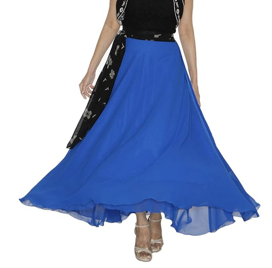 Blue georgette solid maxi wrap skirt with a black and white patterned belt worn by a person WA000194