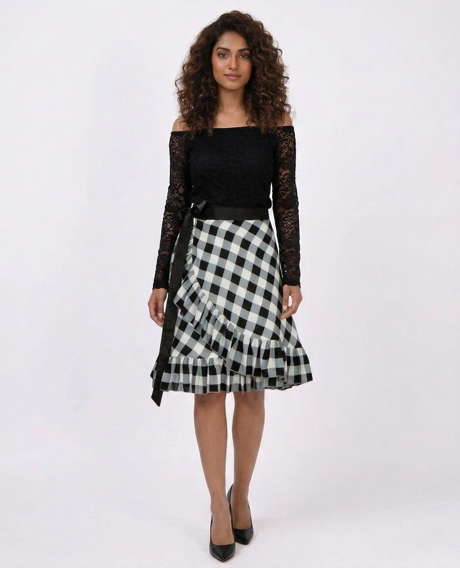 Black and White Checkered Printed Ruffle Wrap Skirt Free Size WA000196