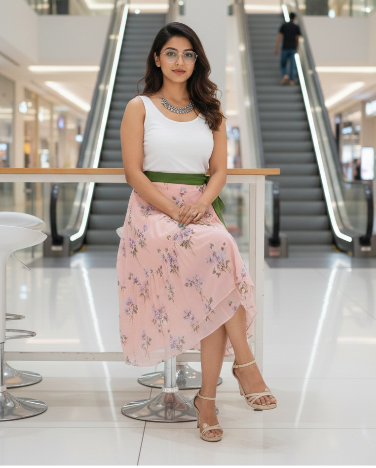 Peach Floral Print Ruffled Wrap Skirt Free Size WA000211