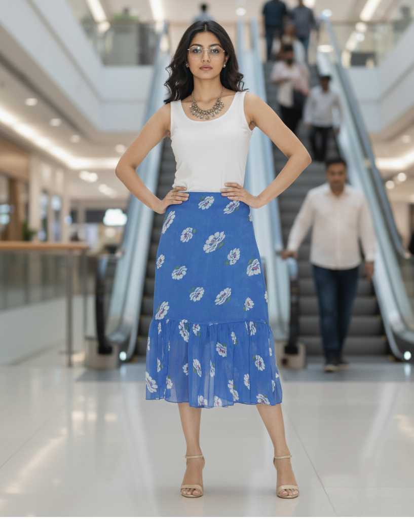 Blue Chiffon Ruffled Floral Print Wrap Skirt Free Size WA000212