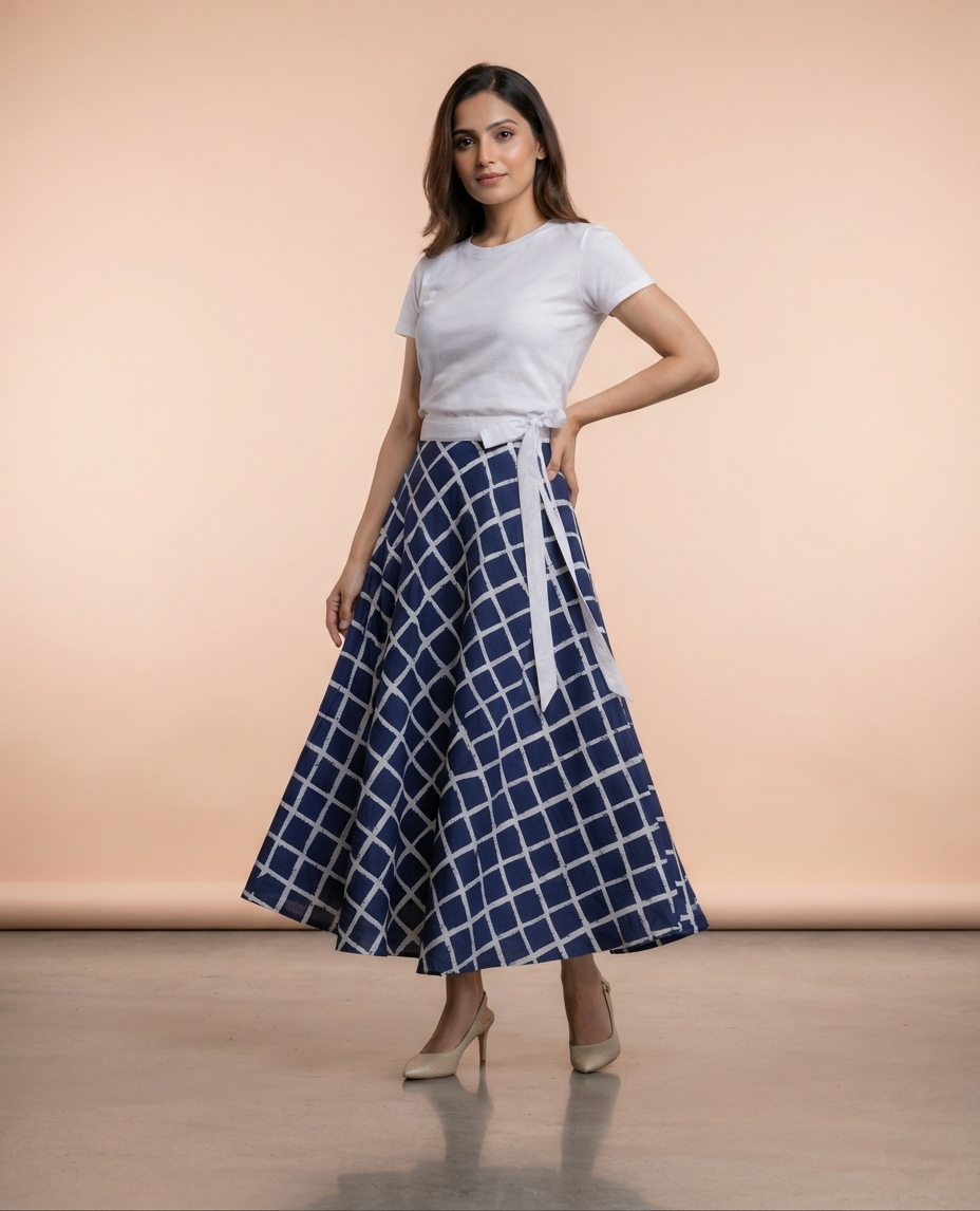 Crepe Blue Checkered Wrap Skirt Free Size WA000125
