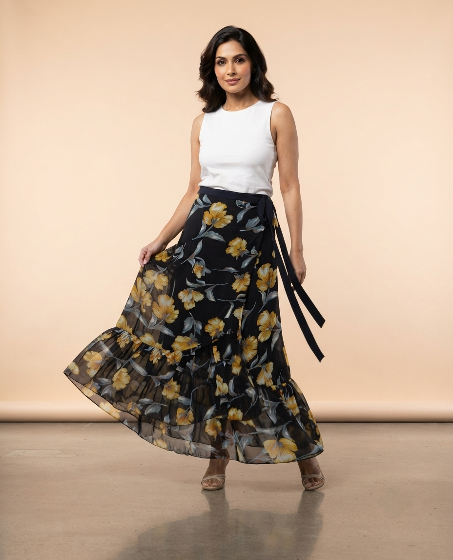 Dark Blue Floral Print Georgette Ruffle Wrap Skirt Free Size WA000207