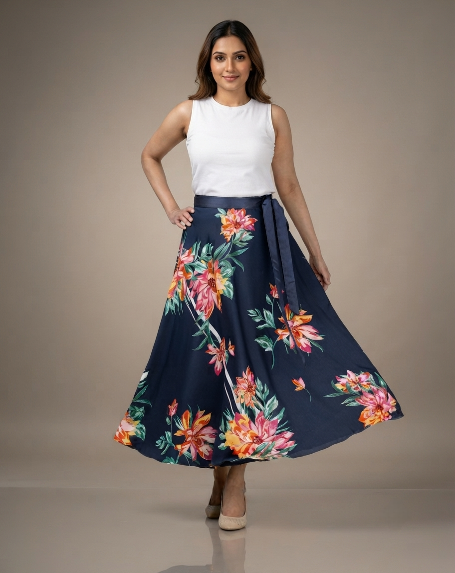 Blue Crepe Floral Wrap Skirt Free Size WA000132