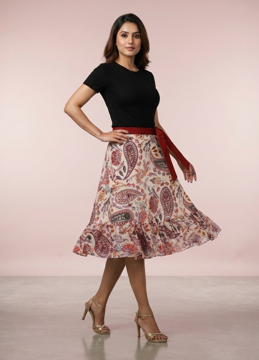 Multicolor Printed Ruffle Wrap Skirt Free Size WA000158