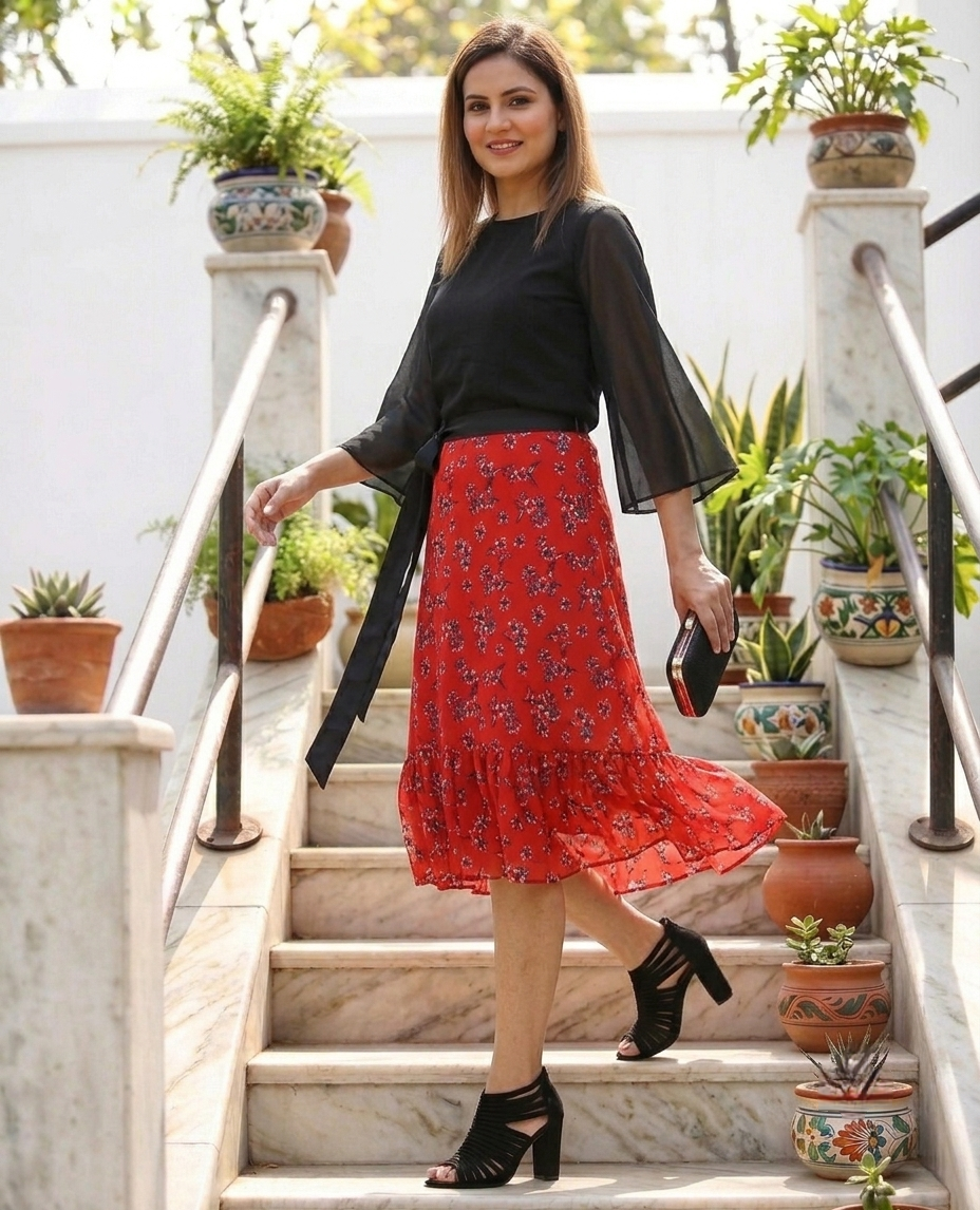 Floral Red Ruffle Wrap Skirt Free Size WA000144